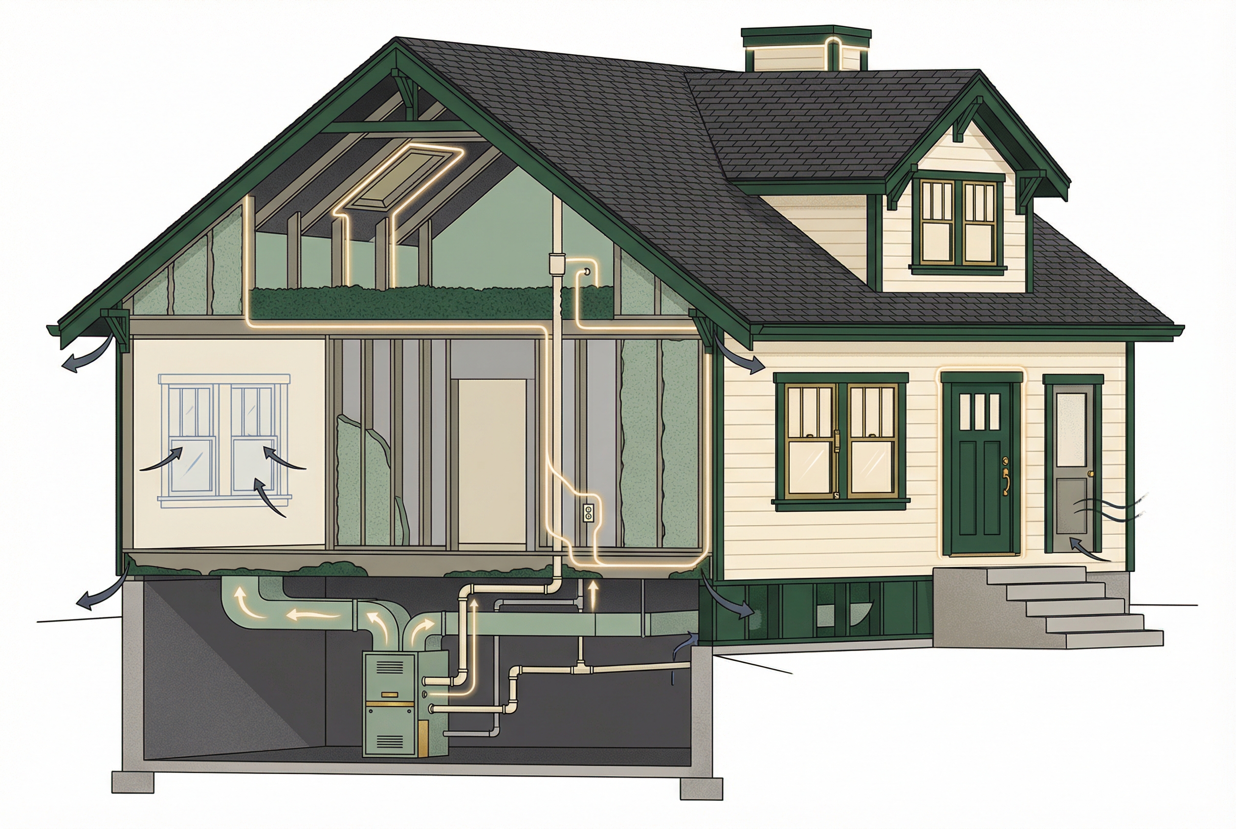 Cutaway illustration of an older home showing major insulation, air leakage, and comfort problem areas.