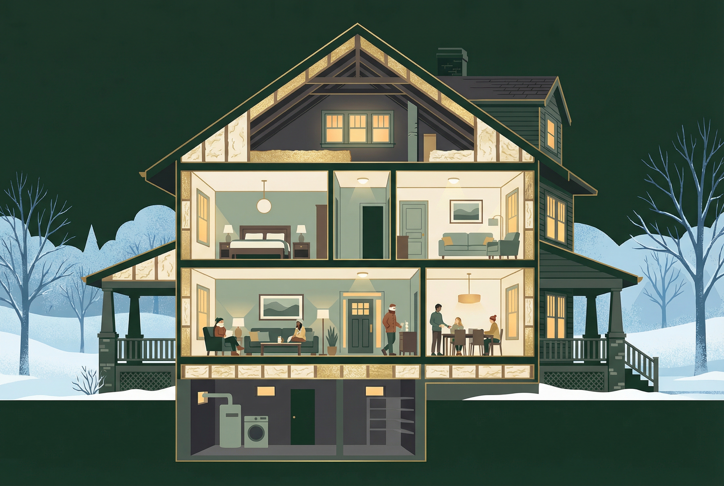 Premium cutaway illustration of an older home with insulation added in attic, walls, and lower levels.